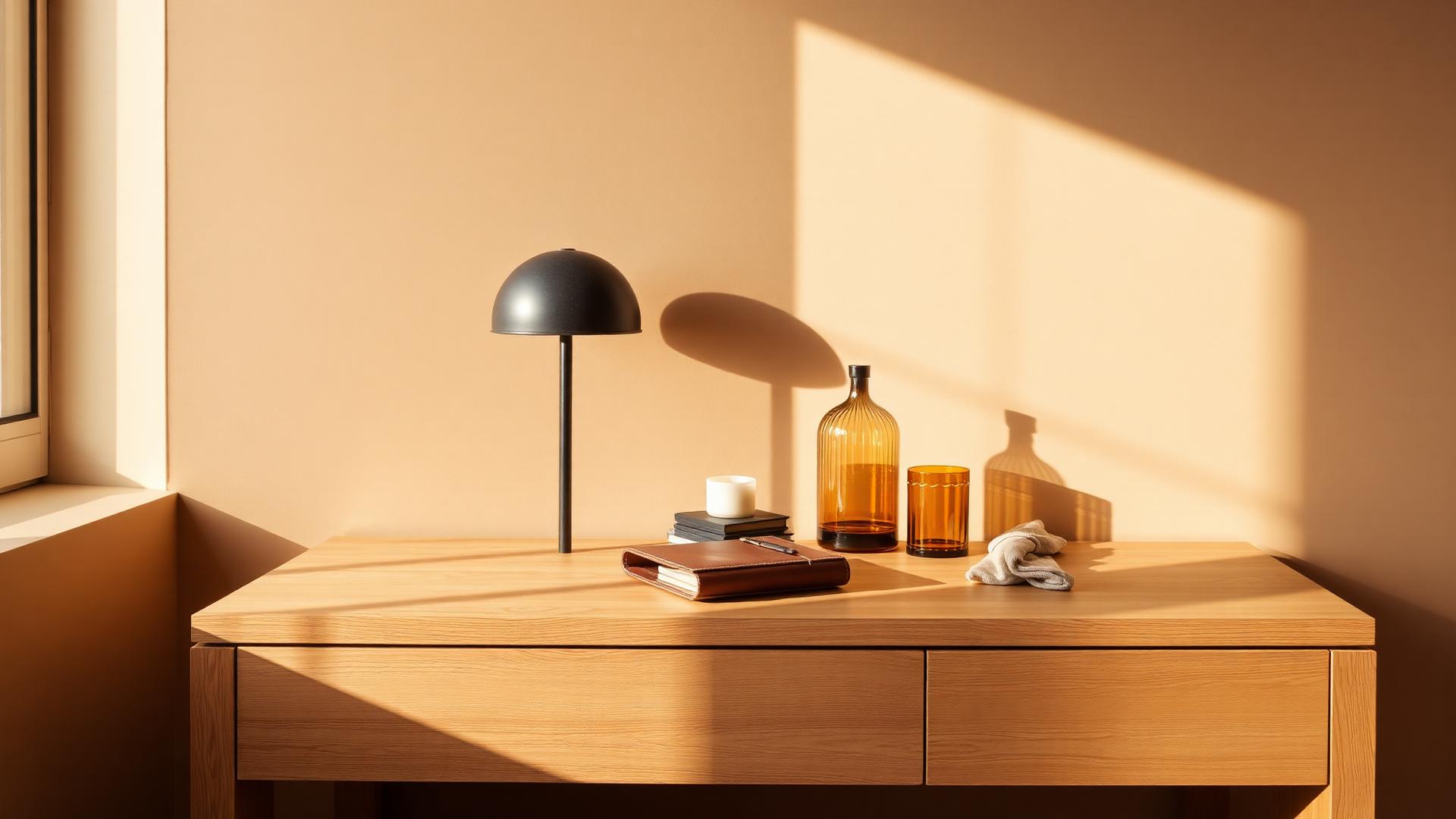 Warm morning light across a linen-covered table with a small lamp, a leather journal and a glass candle