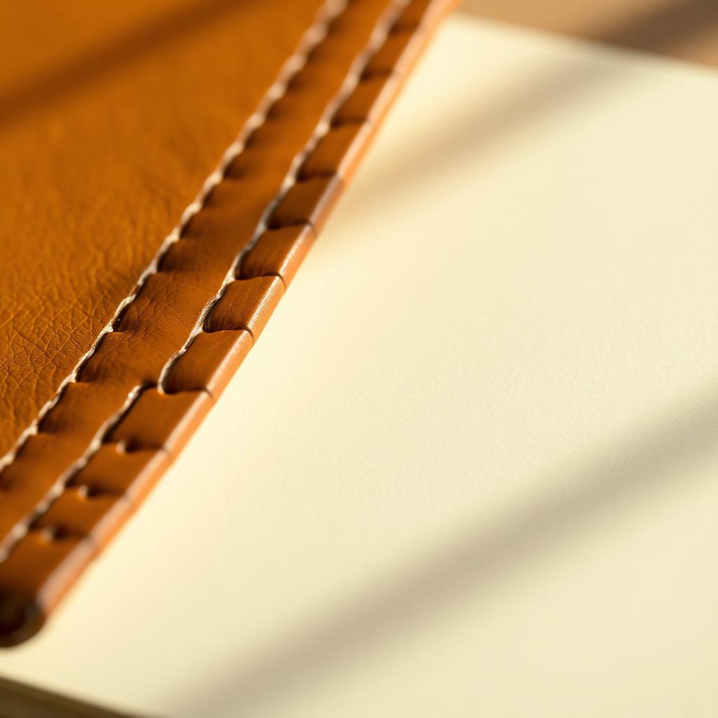 Close detail of vegetable-tanned leather stitching on a journal cover in warm daylight