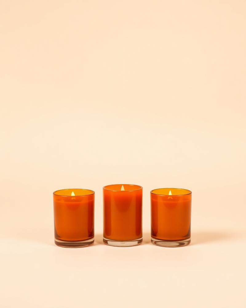Three amber glass candles in a row, photographed on a plain neutral background