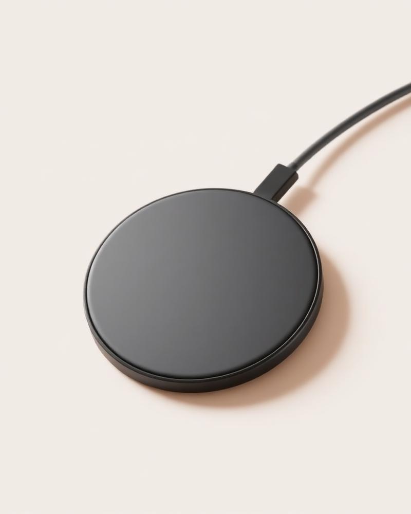 Slim round matte grey wireless charging pad, photographed on a plain neutral background