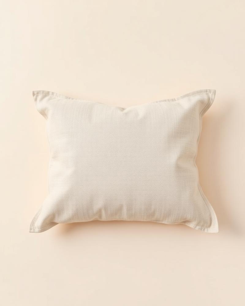 Folded oatmeal washed linen cushion cover photographed flat on a plain neutral background