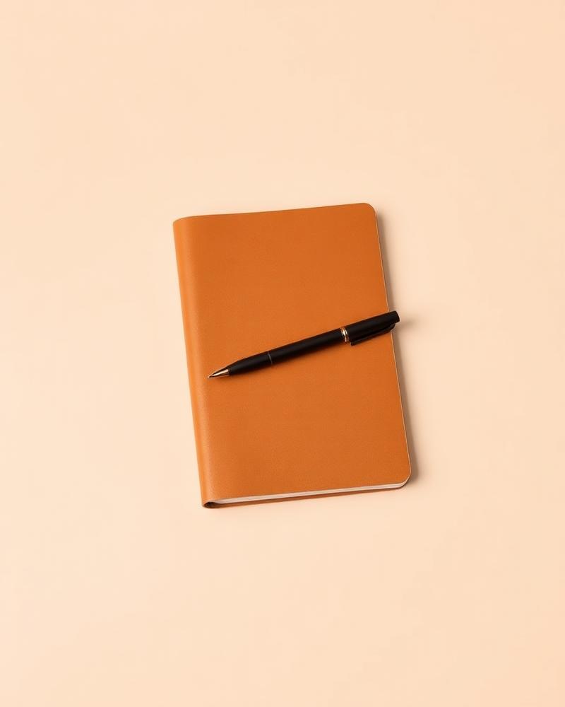A5 tan leather journal with a matte black pen on top, photographed on a plain neutral background