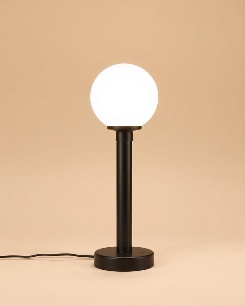 Haven portable bedside lamp with a matte black body and white globe diffuser, photographed on a plain neutral background
