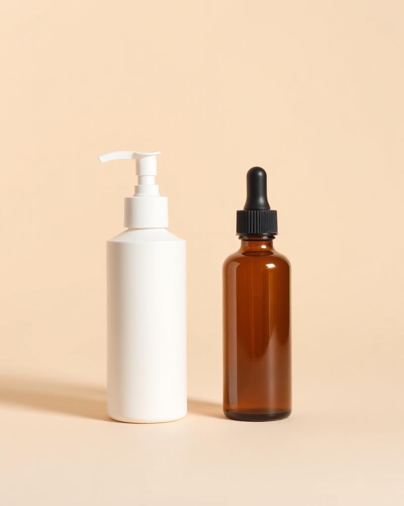 Two unbranded skincare bottles, a white pump bottle and an amber dropper bottle, on a plain neutral background