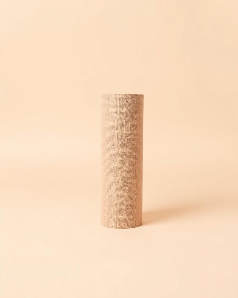 Rolled sand-coloured 6 mm yoga mat standing upright on a plain neutral background